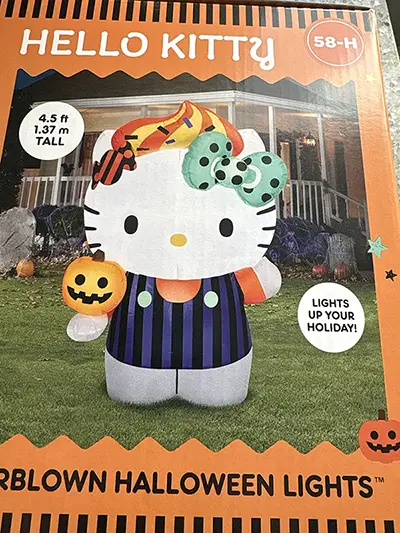 Hello Kitty Halloween inflatable packaging showing the costume, pumpkin, and 4.5-foot height label